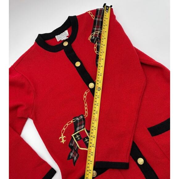 Doncaster Red Black & Gold Wool Blend Cardigan Small Plaid Accents Gold Buttons - Picture 9 of 12